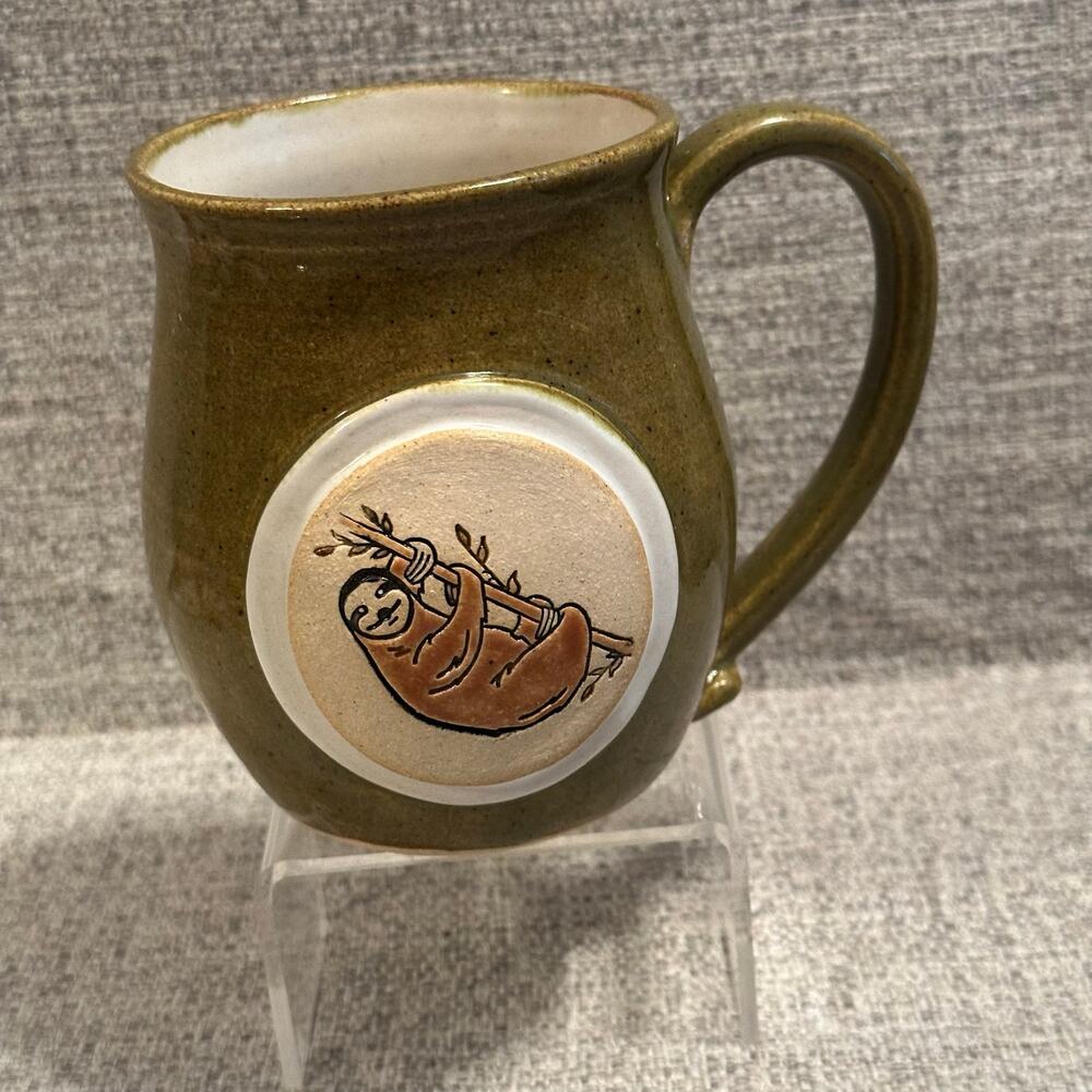 Joyful Clay Studio Pottery Sloth Mug Handmade Olive Green Stoneware Signe